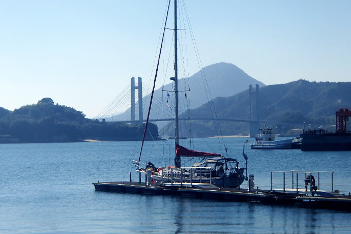 A photo of Silk Purse moored at one of the best Umi no Eki, at Yuge, Ehime, in the Seto Inland Sea