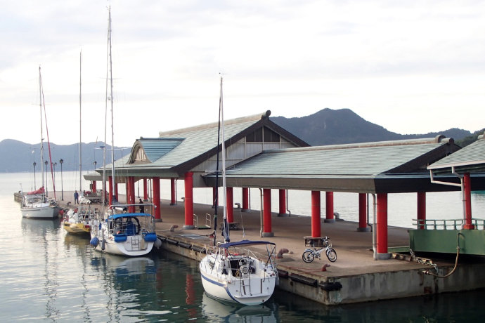 A photo of Silk Purse moored at one of the best Umi no Eki, at Ohmishima, Ehime, in the Seto Inland Sea
