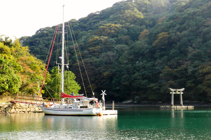 A photo of Silk Purse moored at a ferry dock at an unused dock near Watazumi Shrine at Tsushima, Nagasaki