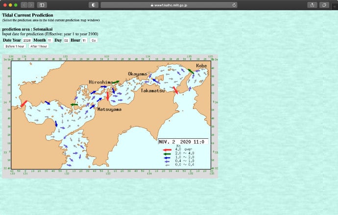 A screenshot of Tidal Current Prediction for Setonaikai on Tidal Stream Predictions website