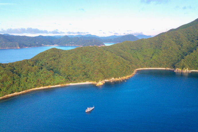 A photo of a yacht anchored in the Goto Islands