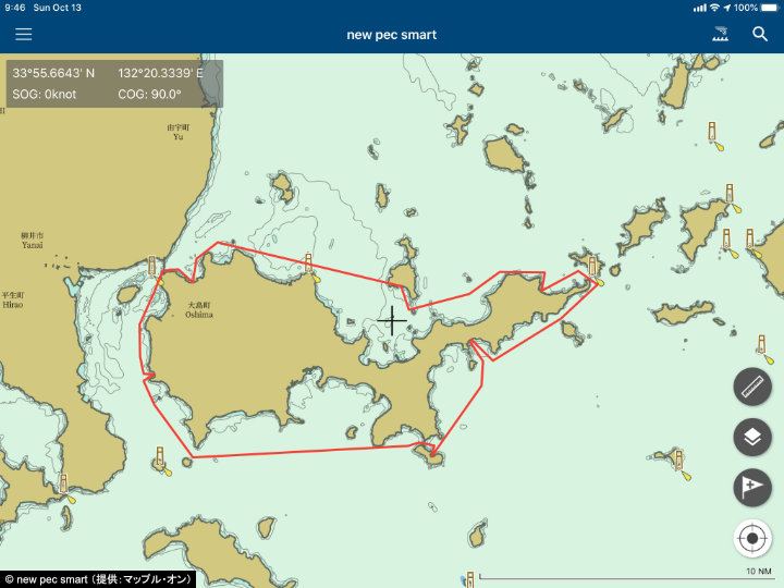 A screenshot of new pec smart showing a route around Suo-Oshima